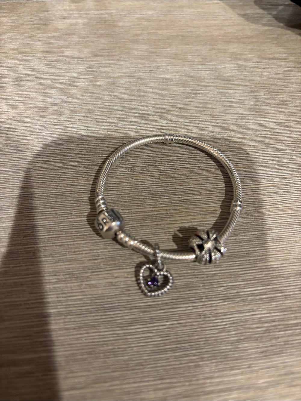 Pandora Silver Bracelet with Purple Heart Dangle